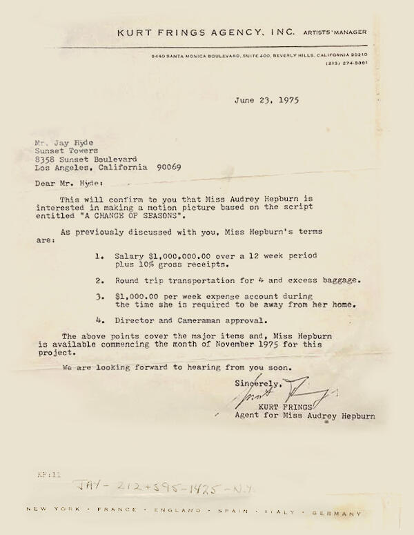 Kurt Frings' letter to Jay Hyde regarding Audrey's conditions.